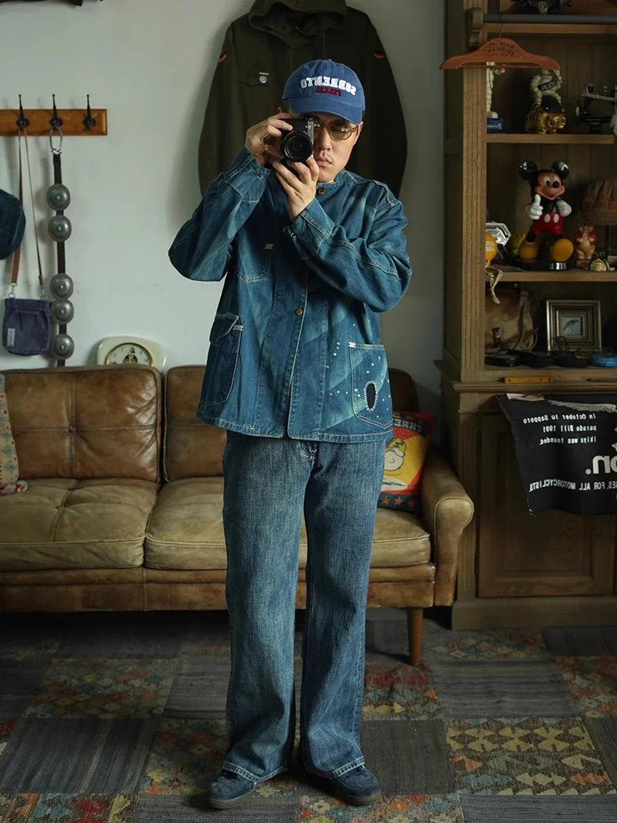 Second Order Engineer Selvage Denim Jacket Vintage Wash Workwear Coat Blue