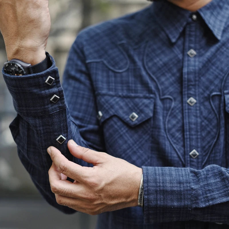 Sauce Zhan Men's Shirts  Men's Autumn Long Sleeve Vintage Western Plaid Work Shirt Loose Fit