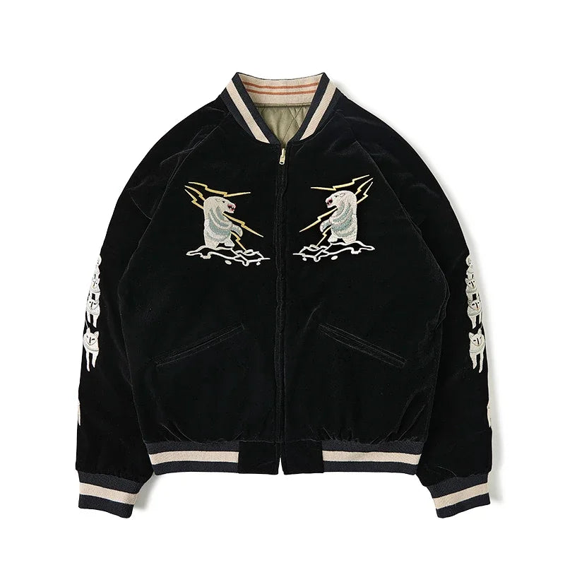 Non Stock 50s Alaska Embroidery Quilted Bomber Jacket Reversible Velveteen Outerwear Unisex