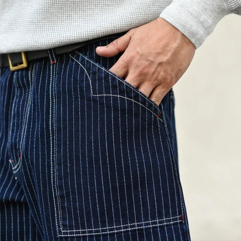 Sauce Zhan Mens Vintage Indigo Wabash Jeans Striped Selvedge Workwear Jeans - Men's American Classic Relax Fit Straight Leg