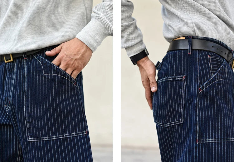 Sauce Zhan Mens Vintage Indigo Wabash Jeans Striped Selvedge Workwear Jeans - Men's American Classic Relax Fit Straight Leg