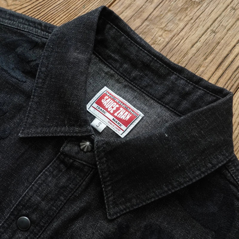 Sauce Zhan Men's Denim Shirt Linen Long Sleeve Shirt for Man Black Western-style Denim Shirt for Autumn Floss Silk Embroidery