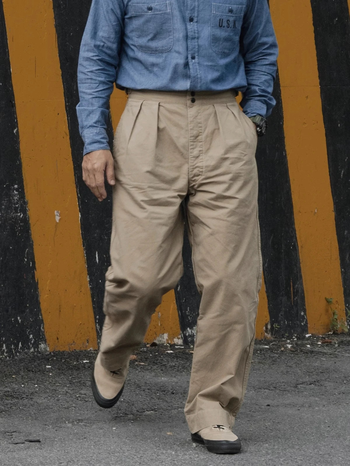 Non Stock 1960s Military-Inspired Chino Pants Cotton Twill Pleat Casual Trousers