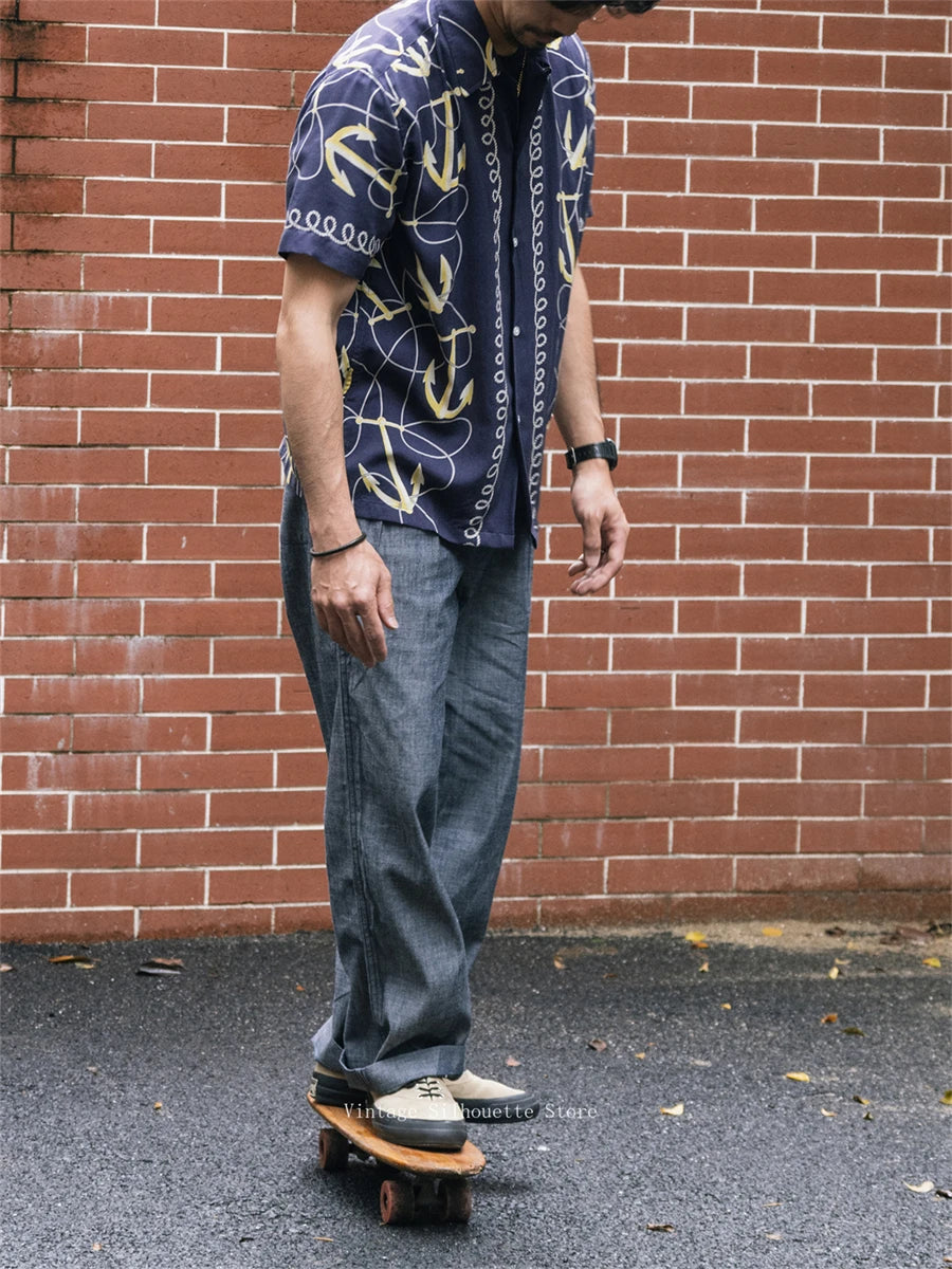 Non Stock Lightweight Chambray Pleated Pants High Rise Loose Straight Leg Men's Leisure Trousers