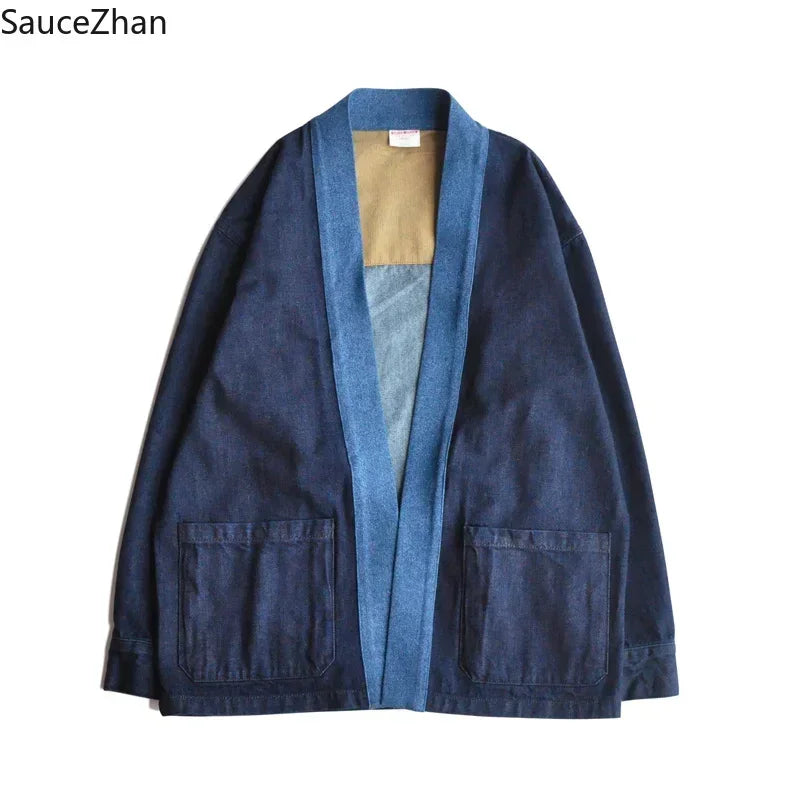 SauceZhan Noragi Jacket Robe Priest Frock Selvedge Denim Jacket Jean Jacket Men Vintage Fall Men's Jackets Soft Washing Denim