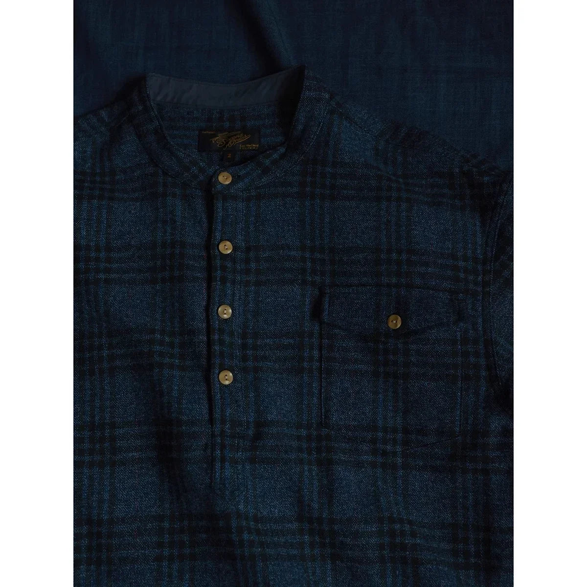 Second Order Band Collar Pocket Plaid Shirt Vintage Men Checked Collarless Flannel Shirt