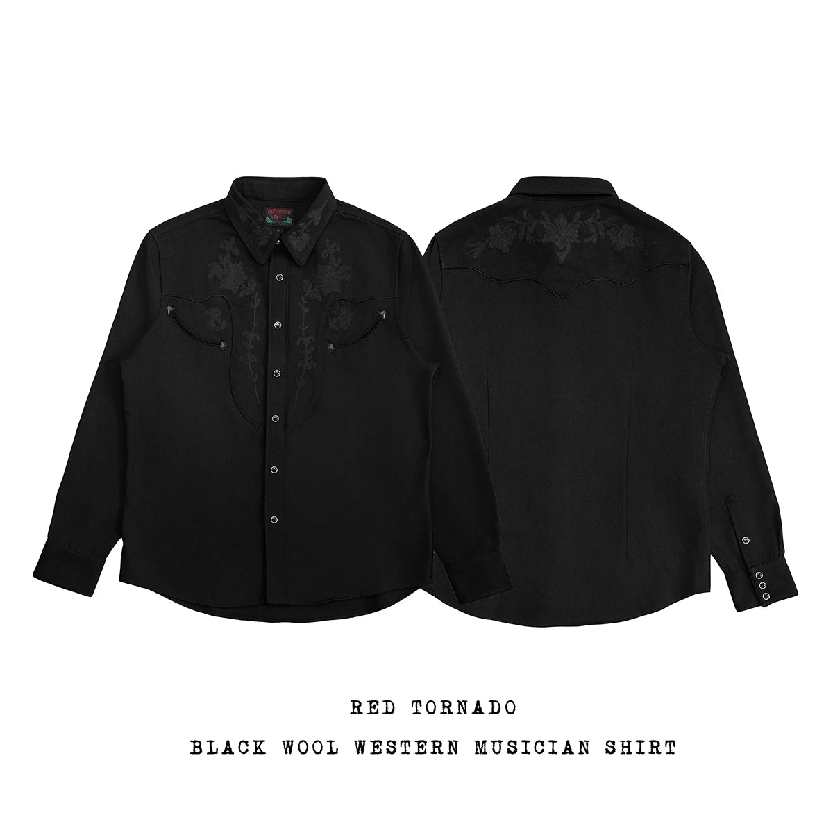 Red Tornado Floral Embroidery Musician Shirt in Black Western Style Rockabilly Country Workshirt for Men