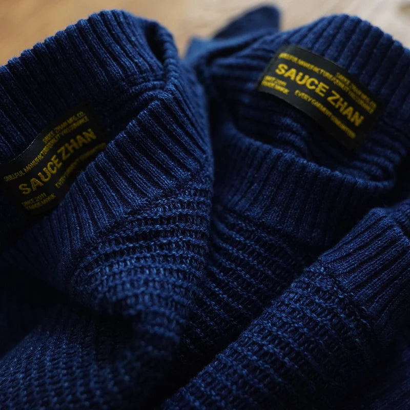 Sauce Zhan Men’s Summer Knit T-Shirt  Short Sleeve Tee  Indigo Dye O-neck  Loose Fit