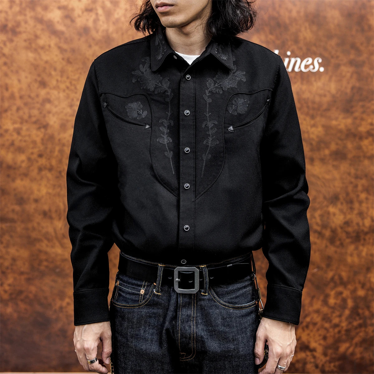 Red Tornado Floral Embroidery Musician Shirt in Black Western Style Rockabilly Country Workshirt for Men