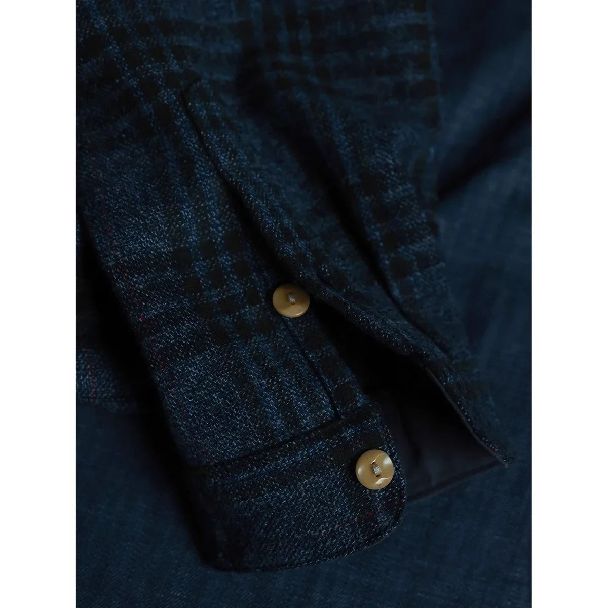 Second Order Band Collar Pocket Plaid Shirt Vintage Men Checked Collarless Flannel Shirt