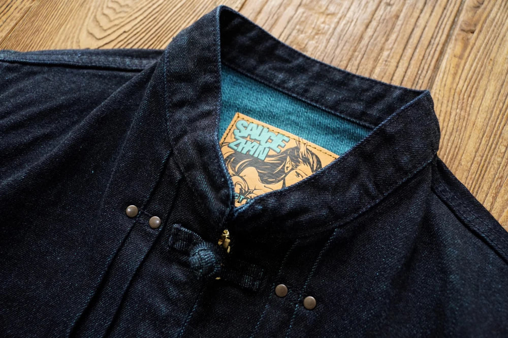 Sauce Zhan Mans Jacket Indigo Selvedge Denim Jacket Jean Jacket Men Vintage Chinese Style Knot Button Loose Fit