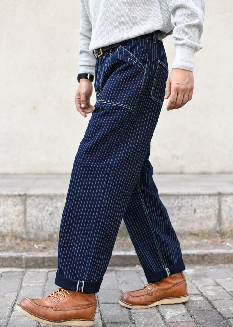 Sauce Zhan Mens Vintage Indigo Wabash Jeans Striped Selvedge Workwear Jeans - Men's American Classic Relax Fit Straight Leg