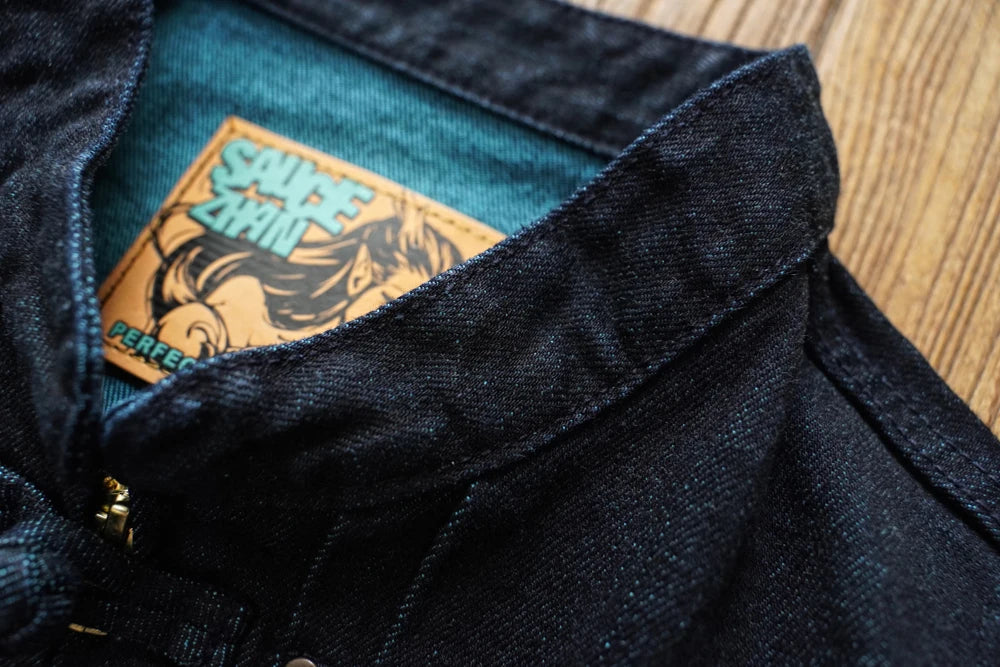 Sauce Zhan Mans Jacket Indigo Selvedge Denim Jacket Jean Jacket Men Vintage Chinese Style Knot Button Loose Fit