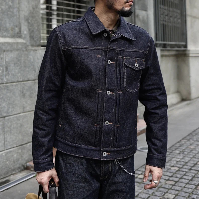 Saucezhan Men Denim Jacket  Sanforized Indigo Selvedge Denim Motorcycle Work Jacket 18 Oz Regular Fit