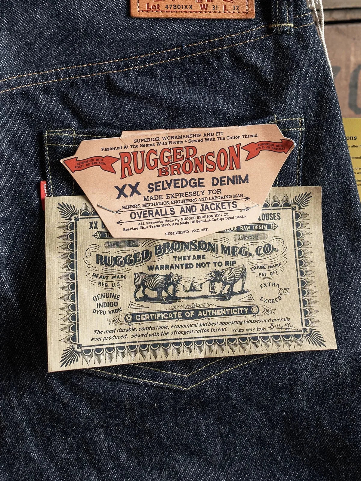 Bronson 47801XX Jeans Rigid Straight Fit Men Rugged Workwear Raw Denim Trousers