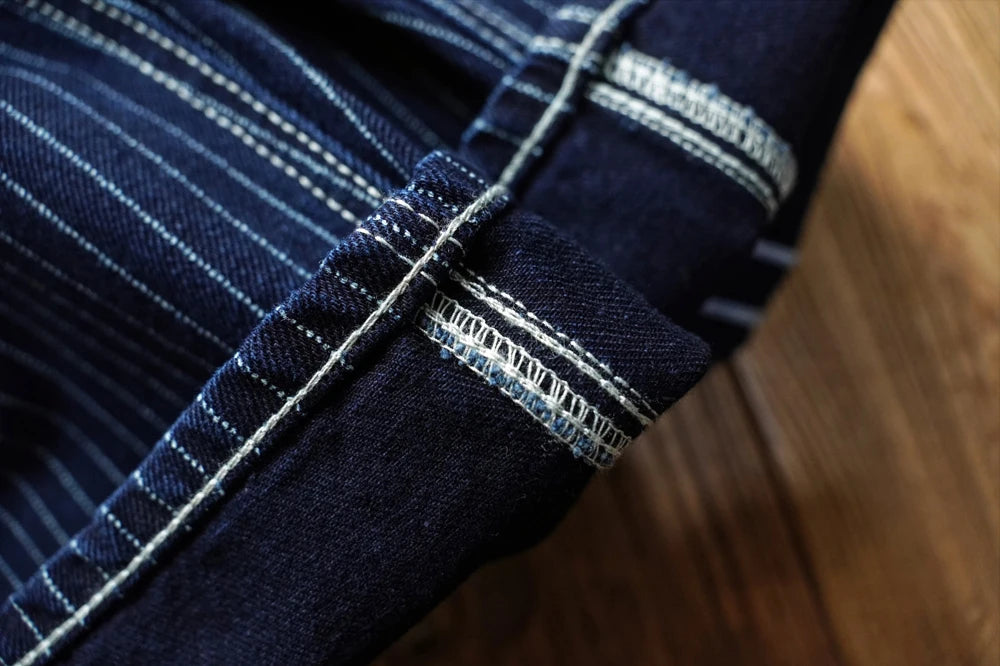 Sauce Zhan Mens Vintage Indigo Wabash Jeans Striped Selvedge Workwear Jeans - Men's American Classic Relax Fit Straight Leg