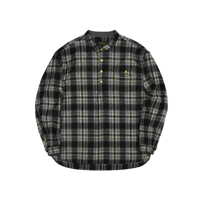 Second Order Band Collar Pocket Plaid Shirt Vintage Men Checked Collarless Flannel Shirt