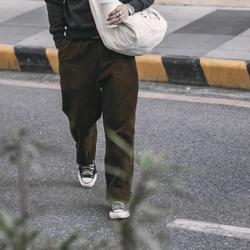 Non Stock Pleated Front Corduroy Pants High Rise Mens Warm Slacks Casual Trousers