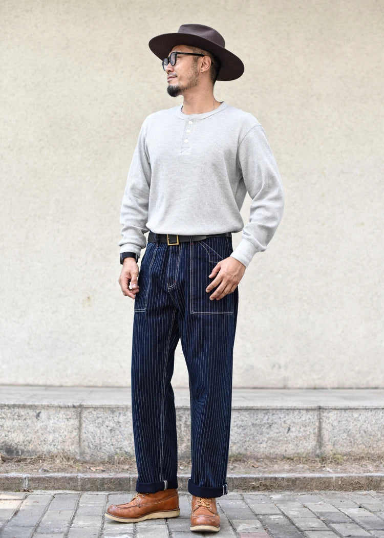 Sauce Zhan Mens Vintage Indigo Wabash Jeans Striped Selvedge Workwear Jeans - Men's American Classic Relax Fit Straight Leg