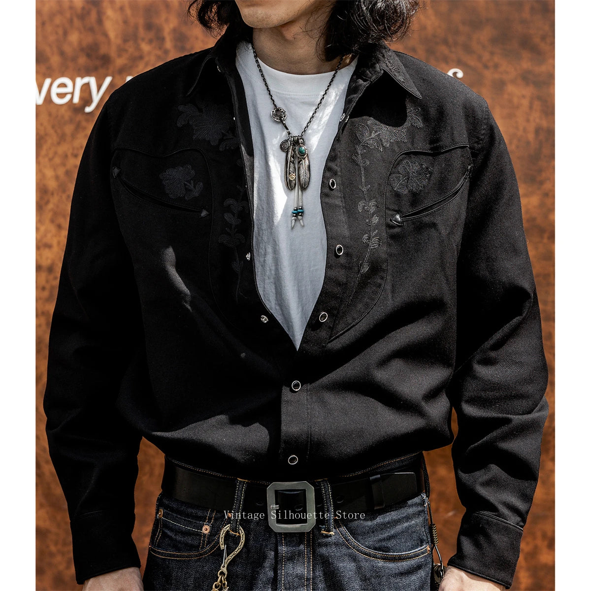 Red Tornado Floral Embroidery Musician Shirt in Black Western Style Rockabilly Country Workshirt for Men