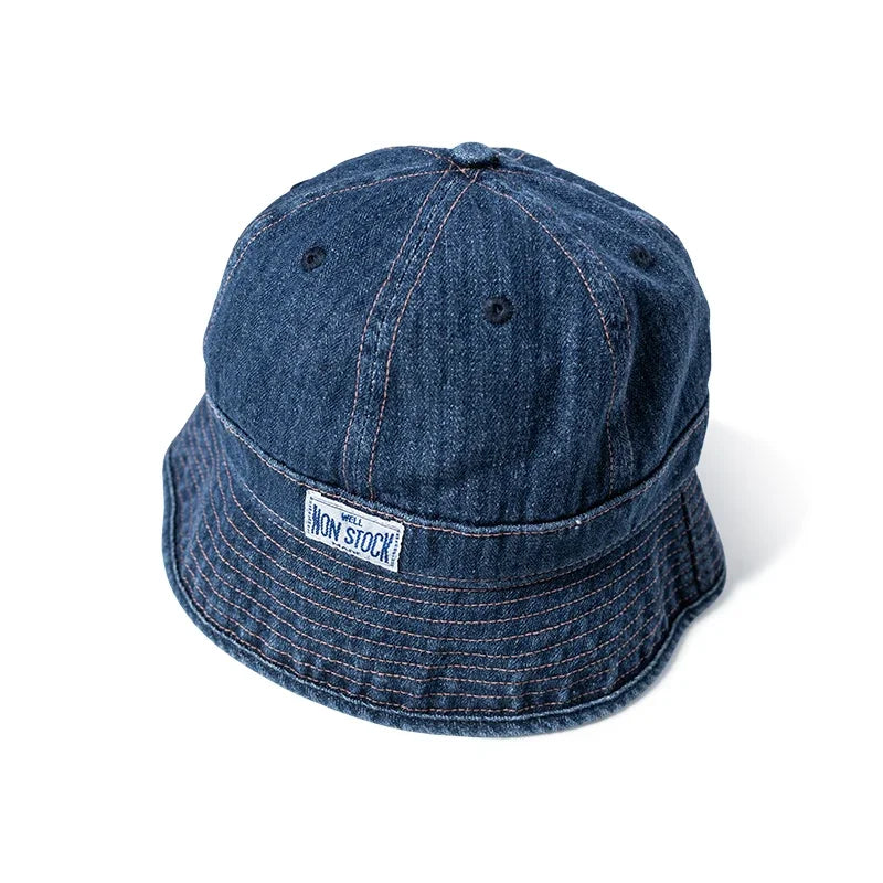 Non Stock HBT Denim Dome Bucket Hat Washed Cotton Fisherman Cap For Daily Casual Vacation