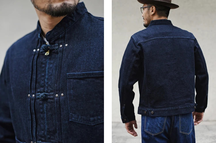 Sauce Zhan Mans Jacket Indigo Selvedge Denim Jacket Jean Jacket Men Vintage Chinese Style Knot Button Loose Fit