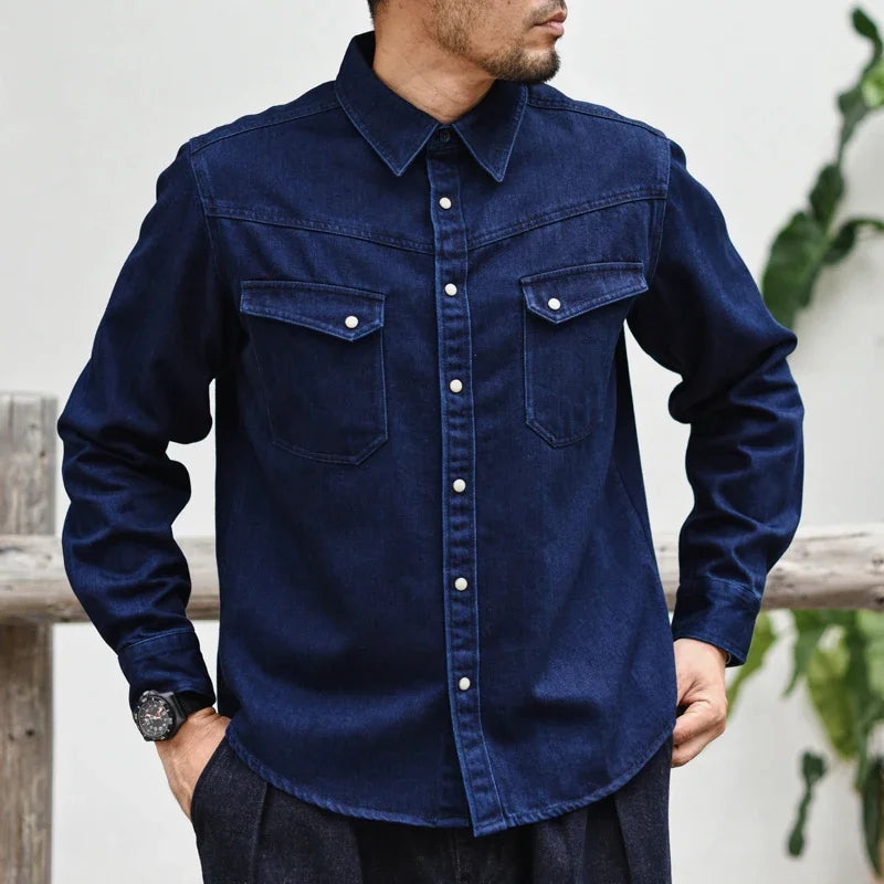 Sauce Zhan Mens Shirt  Westem Cowboy Double Dye Denim Shirt Shirts for Men Long Sleeve Regular Fit