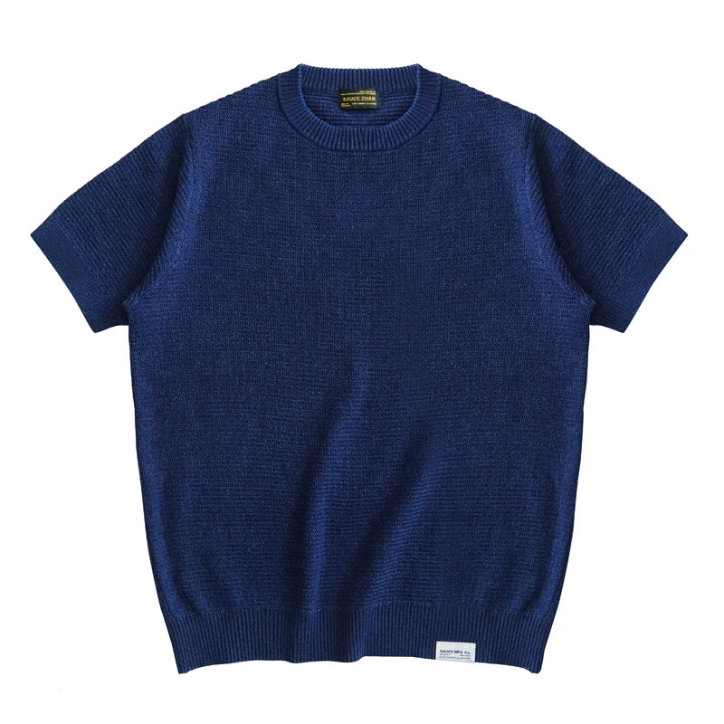 Sauce Zhan Men’s Summer Knit T-Shirt  Short Sleeve Tee  Indigo Dye O-neck  Loose Fit