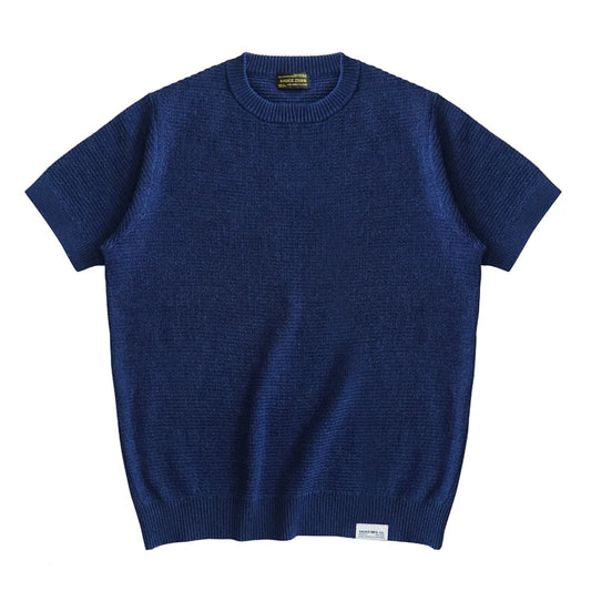 Sauce Zhan Men’s Summer Knit T-Shirt  Short Sleeve Tee  Indigo Dye O-neck  Loose Fit