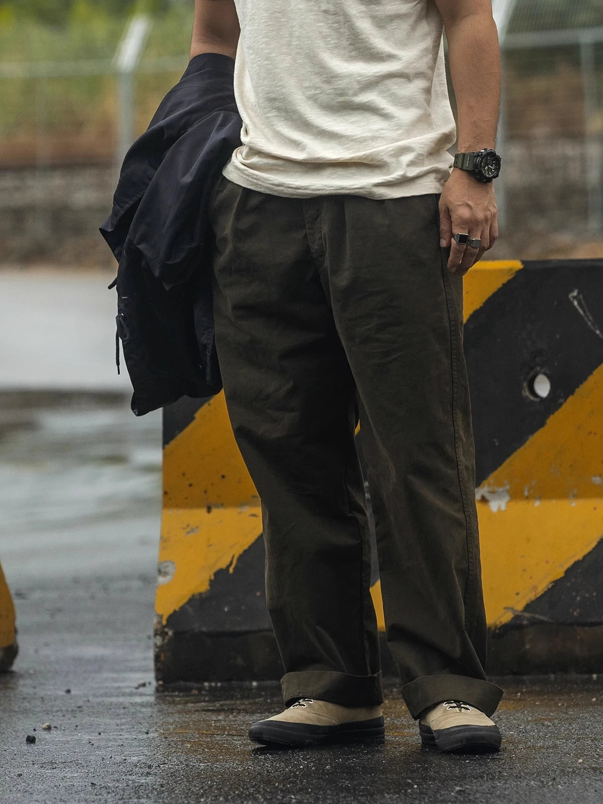 Non Stock 1960s Military-Inspired Chino Pants Cotton Twill Pleat Casual Trousers