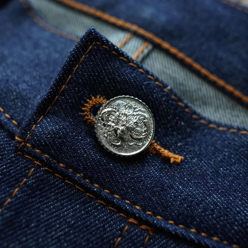 SAUCE ORIGIN 908-TN Men's Denim Jeans Silver Button Indigo Selvedge Denim Fine Craftsmanship 66 Model Straight Leg 11 Oz