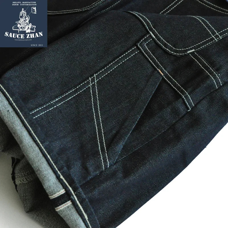 SauceZhan 266XX Mans Shorts Jeans Selvedge Denim Knee Length Mens Jeans Indigo Straight Fit 12.5 Oz