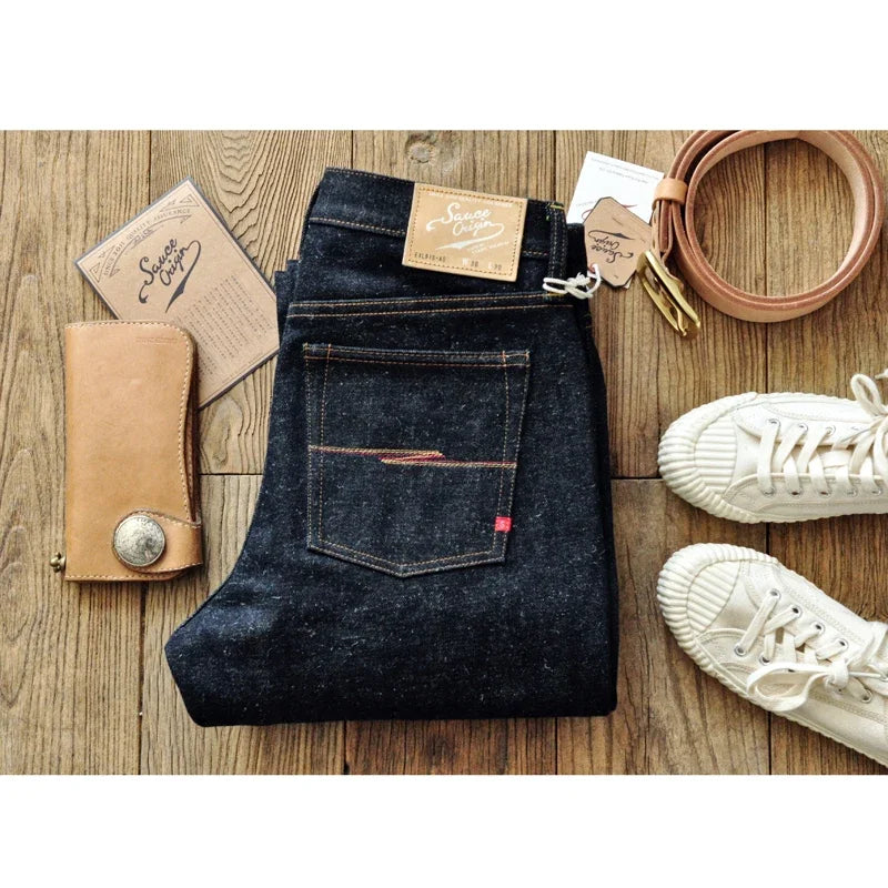 SAUCE ORIGIN EXL916-AG Mens Jeans cotton linen Selvedge Sanforized Raw Denim Jeans for Men Straight Fit Silver Button 19 oz