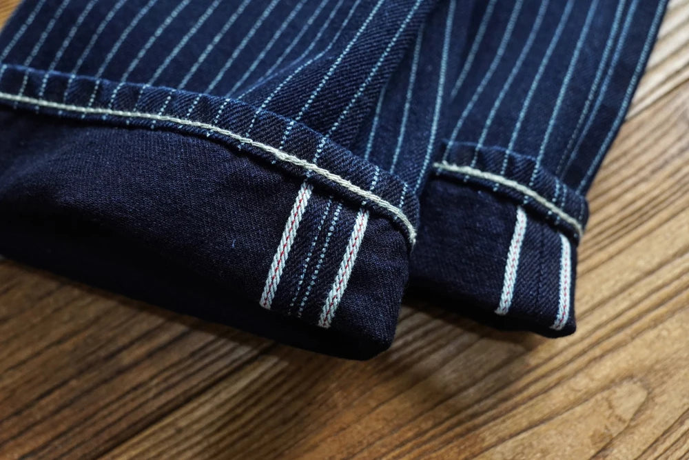 Sauce Zhan Mens Vintage Indigo Wabash Jeans Striped Selvedge Workwear Jeans - Men's American Classic Relax Fit Straight Leg