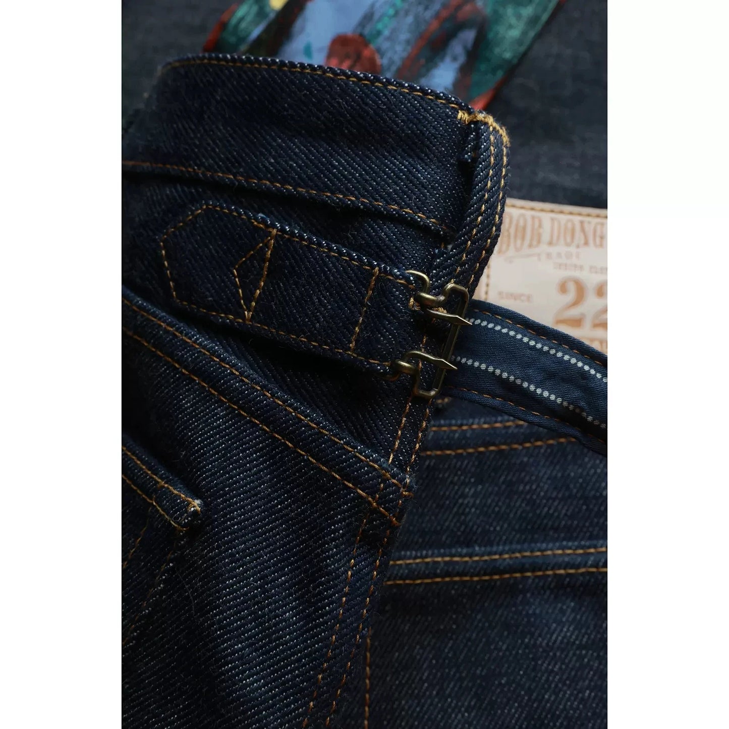 BOB DONG 22oz Men's Buckle Back Jeans Pocket Designs Rigid Selvedge Denim Pants