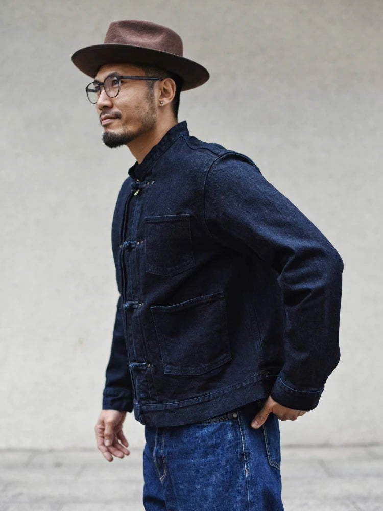 Sauce Zhan Mans Jacket Indigo Selvedge Denim Jacket Jean Jacket Men Vintage Chinese Style Knot Button Loose Fit