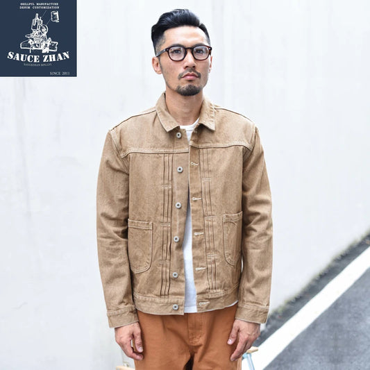 SauceZhan Vulcanization Denim Jacket Khaki Jeans Jacket Selvedge Denim Jacket Jacket Man Casual Men's Jacket Slim fit jacket