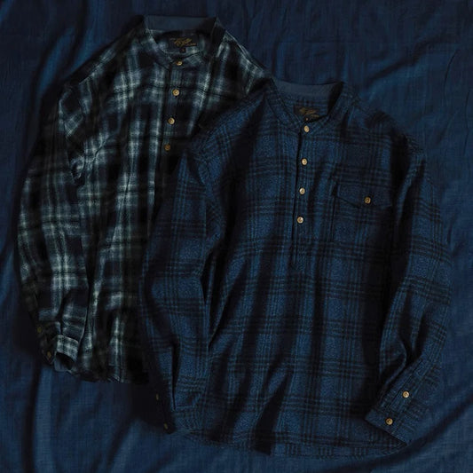 Second Order Band Collar Pocket Plaid Shirt Vintage Men Checked Collarless Flannel Shirt