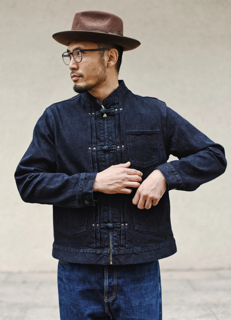 Sauce Zhan Mans Jacket Indigo Selvedge Denim Jacket Jean Jacket Men Vintage Chinese Style Knot Button Loose Fit