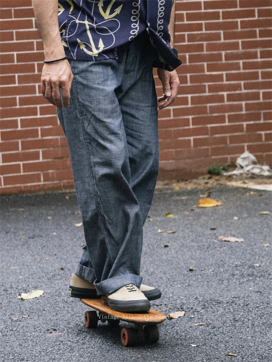 Non Stock Lightweight Chambray Pleated Pants High Rise Loose Straight Leg Men's Leisure Trousers