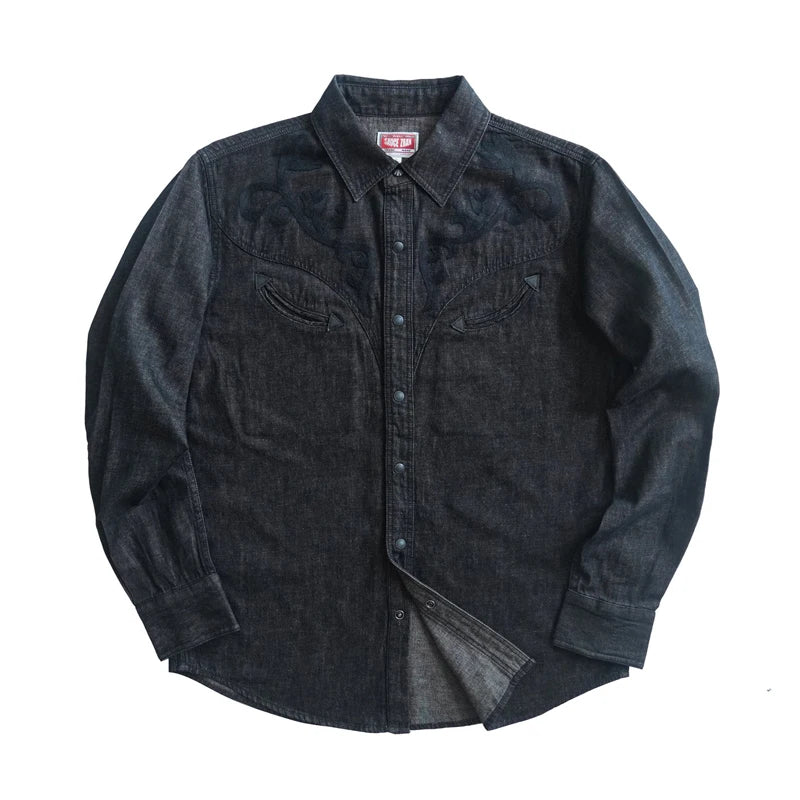 Sauce Zhan Men's Denim Shirt Linen Long Sleeve Shirt for Man Black Western-style Denim Shirt for Autumn Floss Silk Embroidery