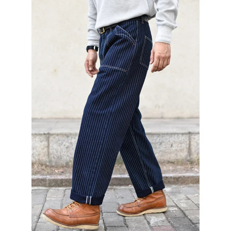 Sauce Zhan Mens Vintage Indigo Wabash Jeans Striped Selvedge Workwear Jeans - Men's American Classic Relax Fit Straight Leg