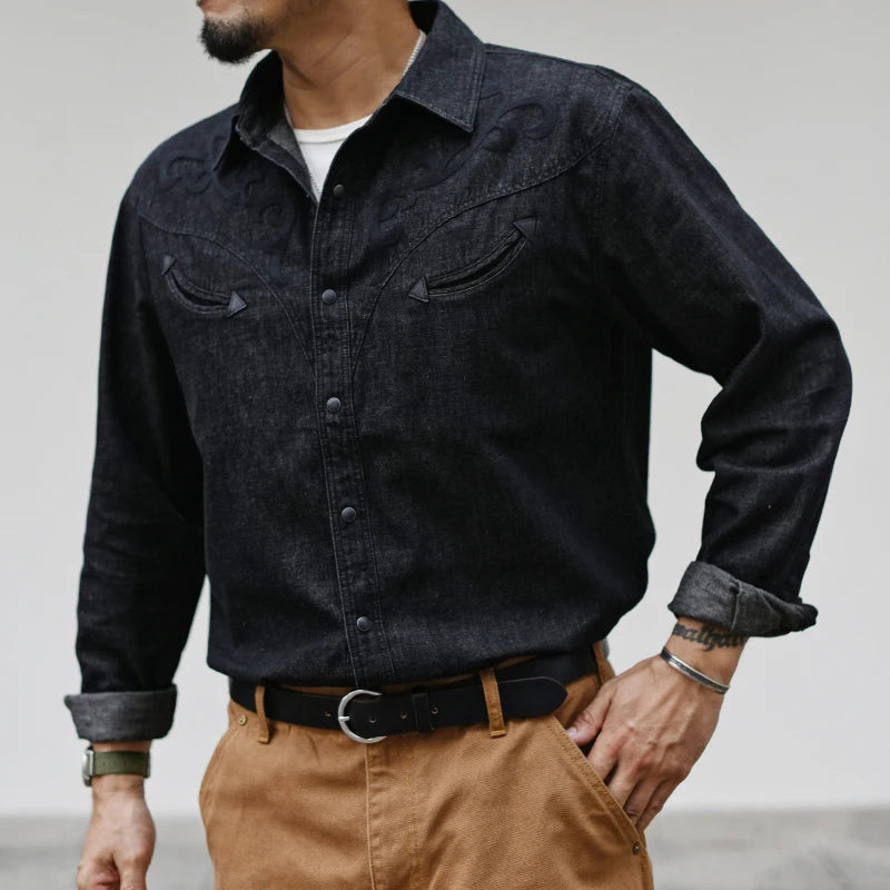 Sauce Zhan Men's Denim Shirt Linen Long Sleeve Shirt for Man Black Western-style Denim Shirt for Autumn Floss Silk Embroidery