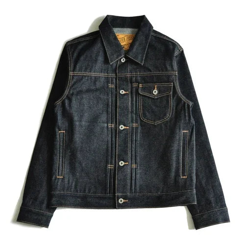 Saucezhan Men Denim Jacket  Sanforized Indigo Selvedge Denim Motorcycle Work Jacket 18 Oz Regular Fit
