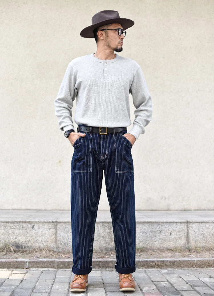 Sauce Zhan Mens Vintage Indigo Wabash Jeans Striped Selvedge Workwear Jeans - Men's American Classic Relax Fit Straight Leg
