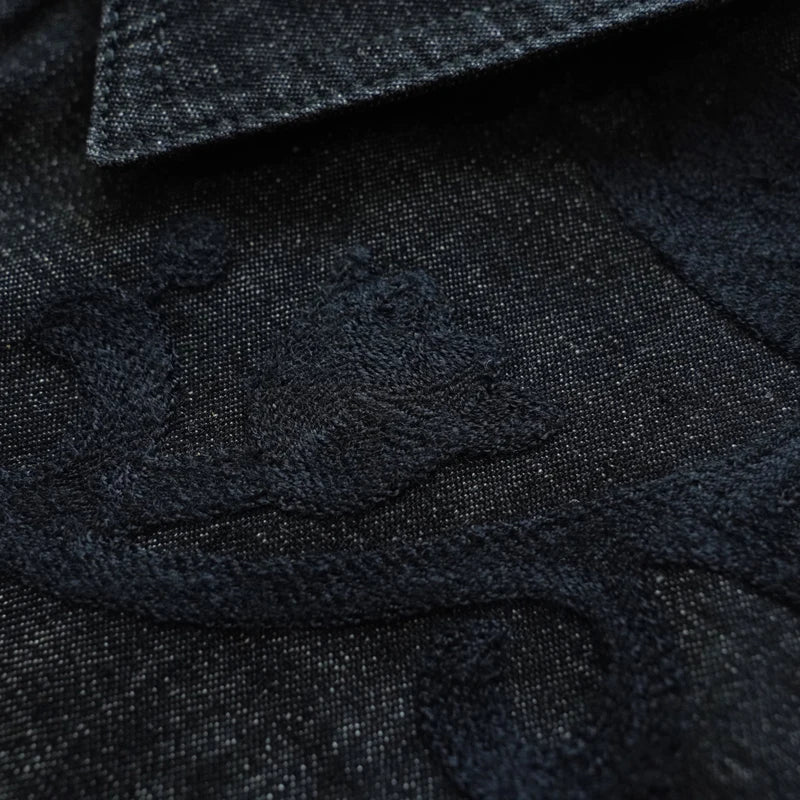 Sauce Zhan Men's Denim Shirt Linen Long Sleeve Shirt for Man Black Western-style Denim Shirt for Autumn Floss Silk Embroidery