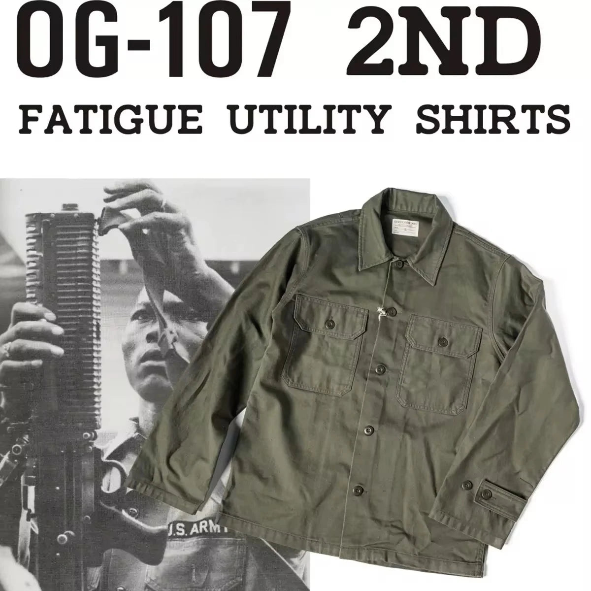 Non Stock 1963 2nd Pattern OG-107 Sateen Fatigue Shirt Olive Green Vintage Work Shirt For Men