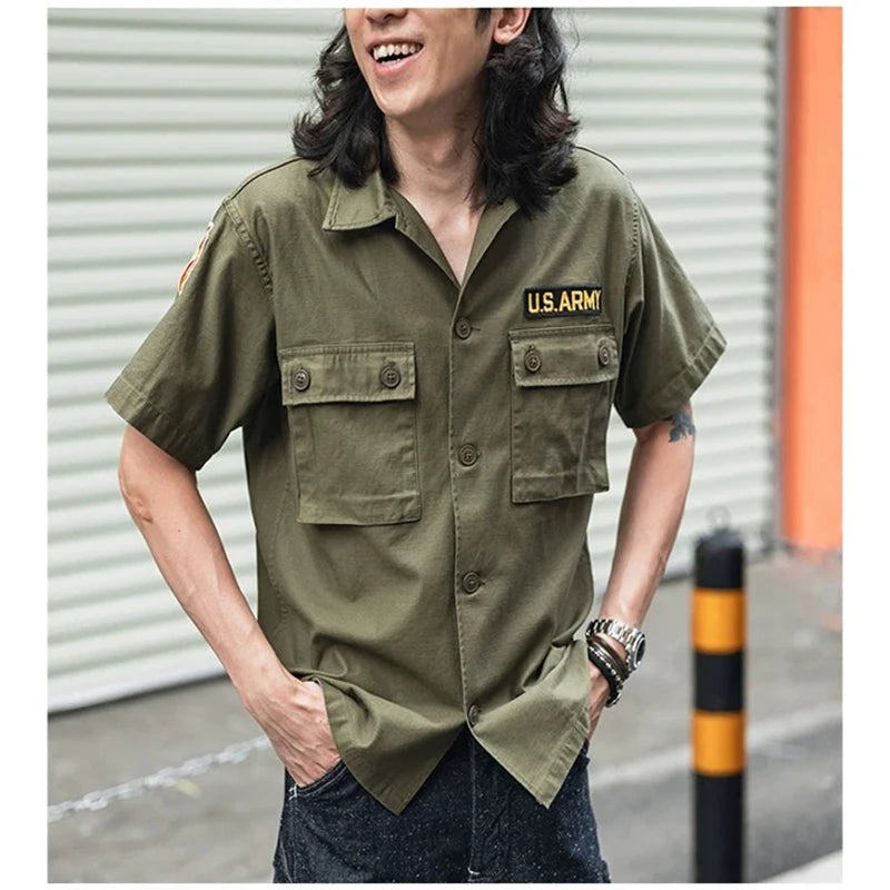 Non Stock Army Vietnam War OG-107 Short Sleeve Shirt Cotton Sateen Embroidery Workshirt